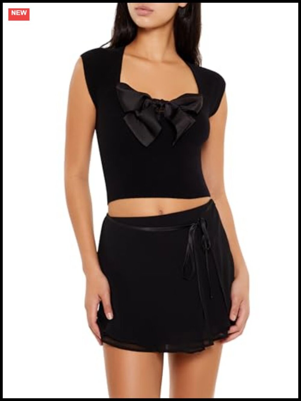 Sweater-Knit Bow Crop Top Square Neck Cap Sleeve